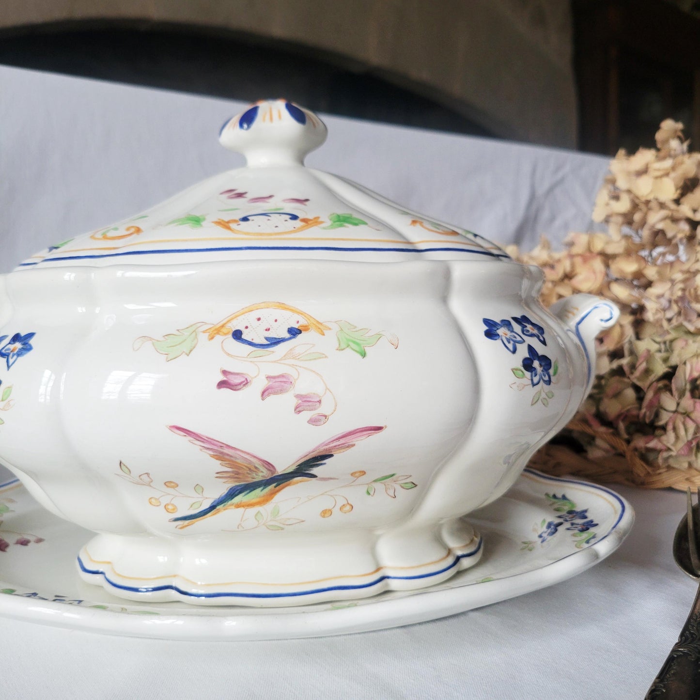 Soup tureen & charger SET, French terre de fer hand-painted polychrome glaze, Moustiers style birds + flowers, 'Clery' by Longchamp, France