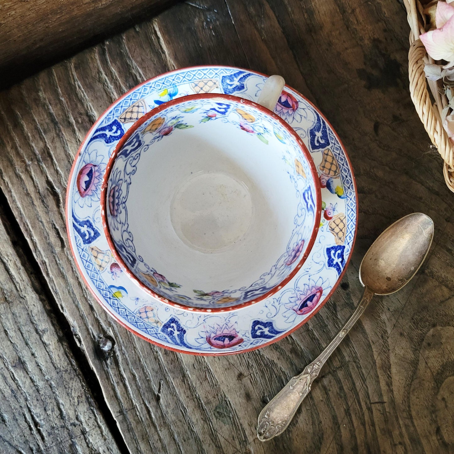 Sarreguemines tea / coffee / chocolate cup & saucer duo, French Chinoiserie style hand colored polychrome on blue transferware c1890 France