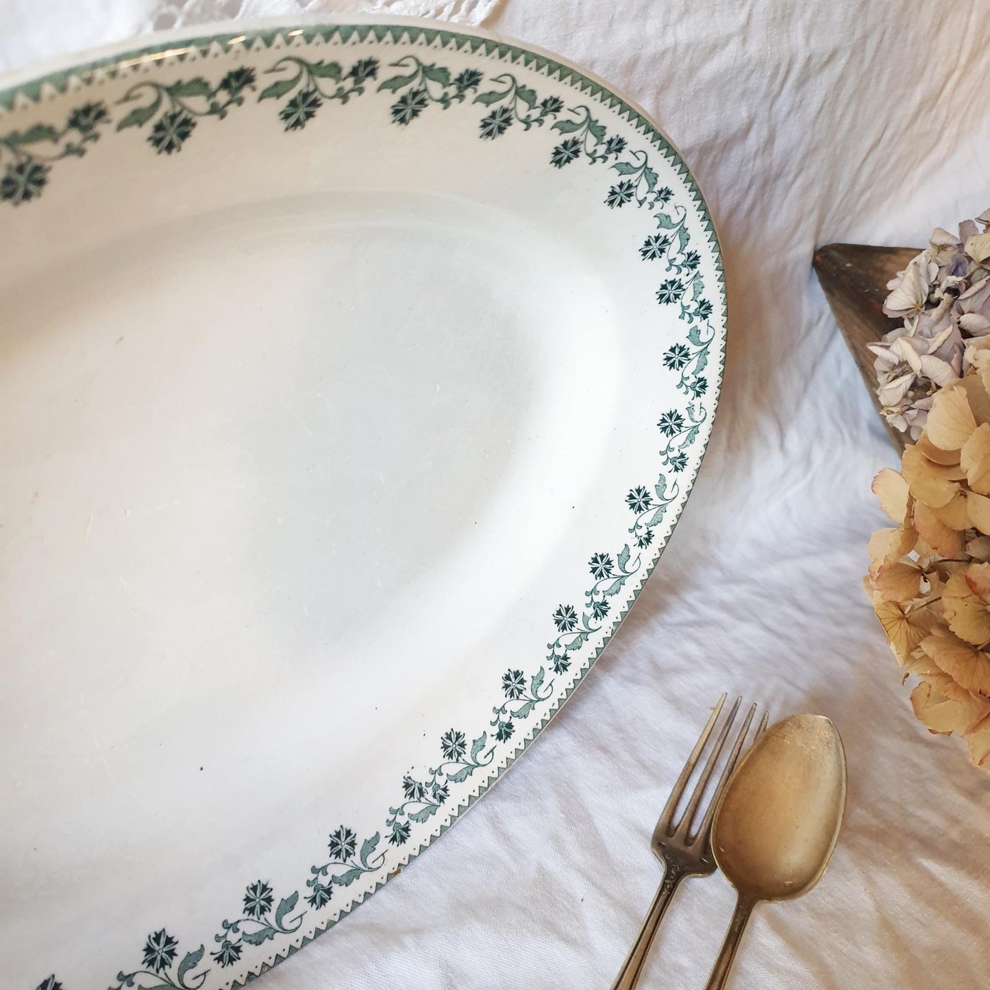 Green/white transferware French antique oval platter from Moulin Des Loups, France c 1890 florals Victorian ironstone platter