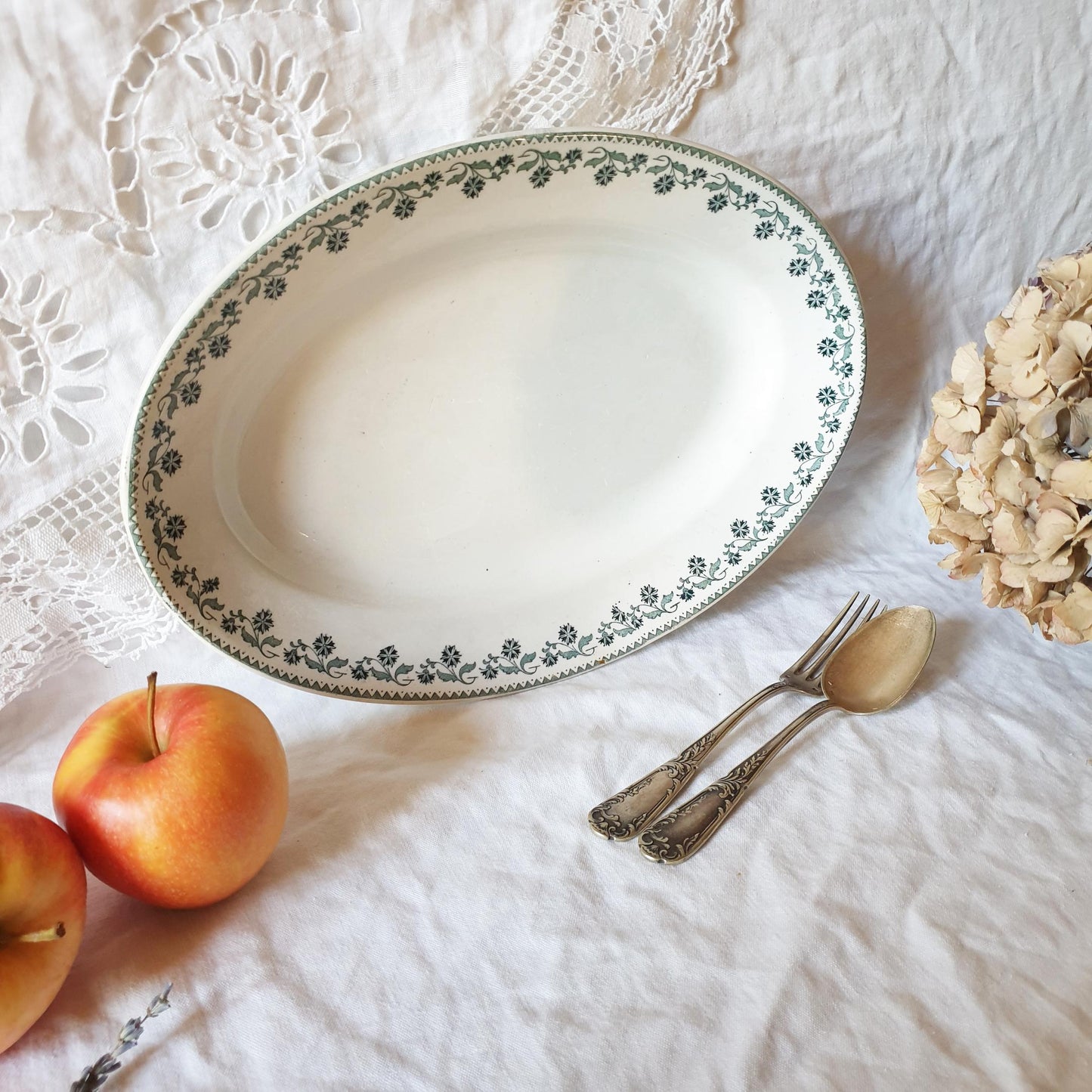 Green/white transferware French antique oval platter from Moulin Des Loups, France c 1890 florals Victorian ironstone platter