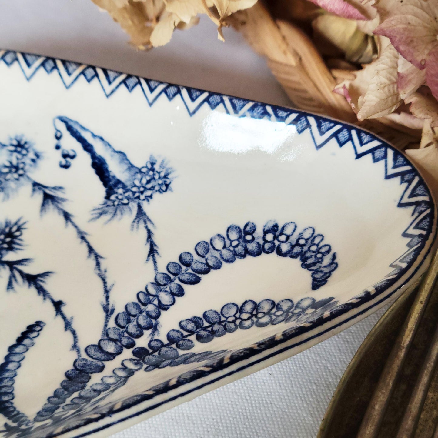 Clairefontaine 'Indiana' pattern blue ravier dish, rare antique French 19thC lozenge shaped plate by Emile Rigal & Jules Sanejouand c1879