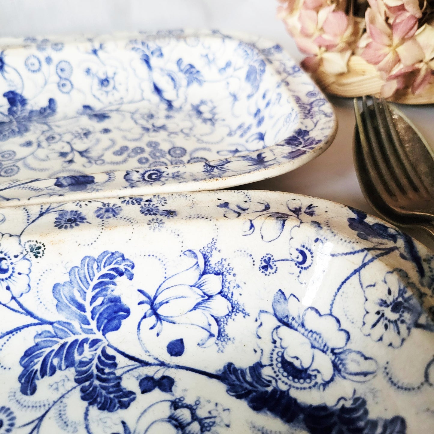 PAIR of very rare French antique serving dishes, David Johnston of Bordeaux c 1835. Mille Fleur rich floral blue & white transferware France