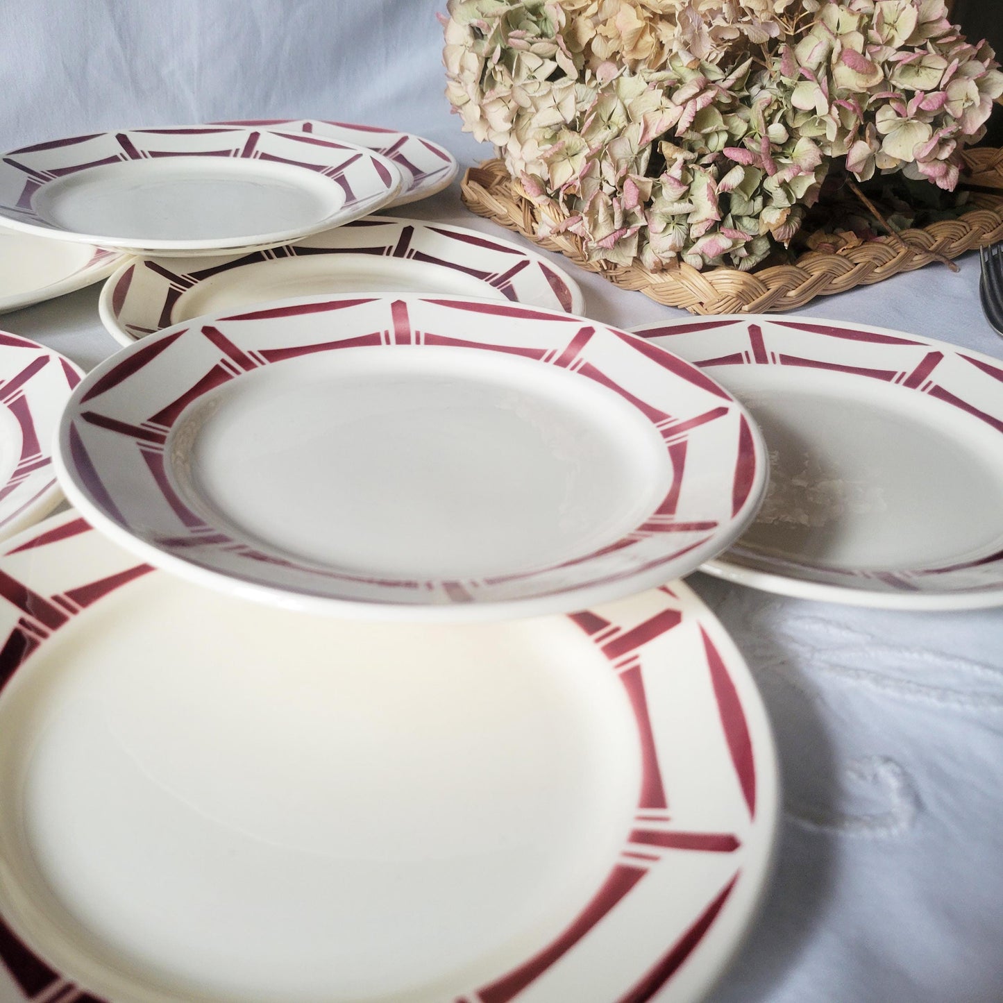 Set 8 French antique stencil painted Art Deco vintage entree / starter plates, red and white, c1905 'Louise' by T Fenal, Badonviller, France