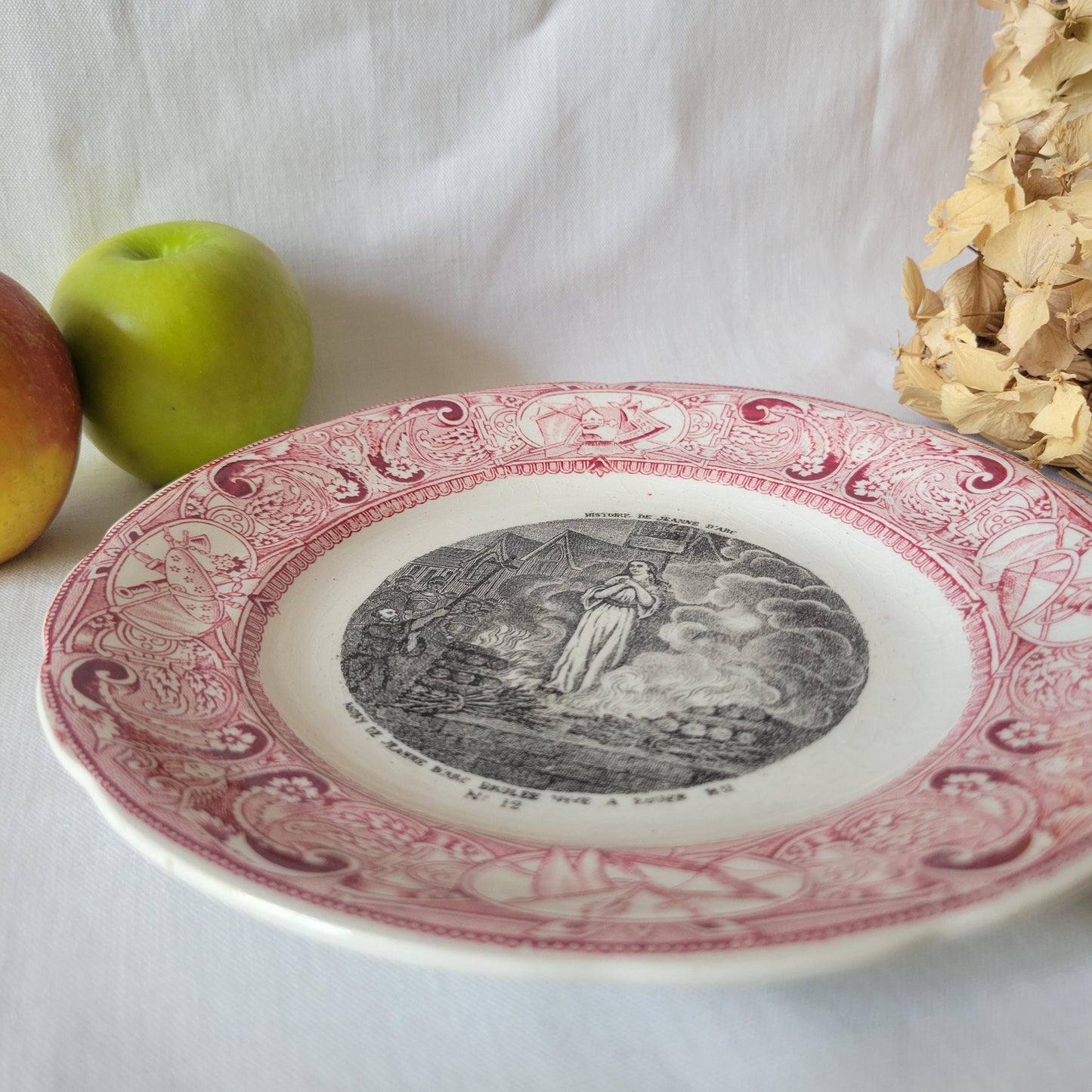 French antique Joan of Arc plate c1886-1900, religious theme story of Saint Joan martyr, red and black transferware, Gien, France