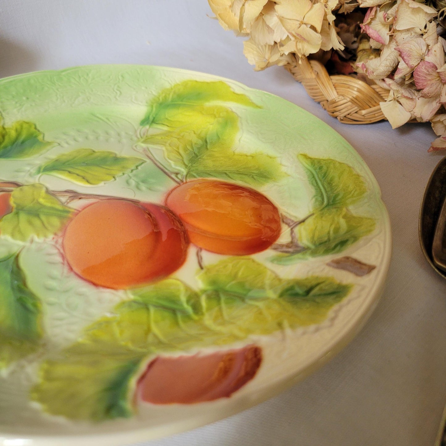 French vintage barbotine majolica plate, Art Nouveau peaches and passion flower mid century design from Saint Clement France