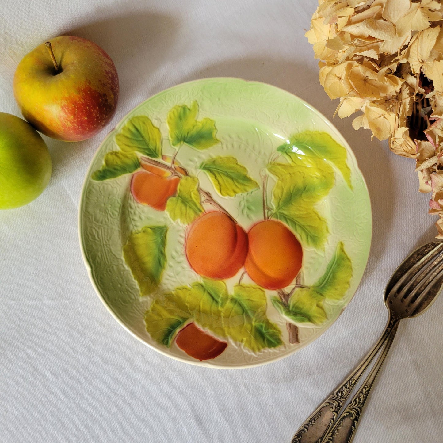 French vintage barbotine majolica plate, Art Nouveau peaches and passion flower mid century design from Saint Clement France