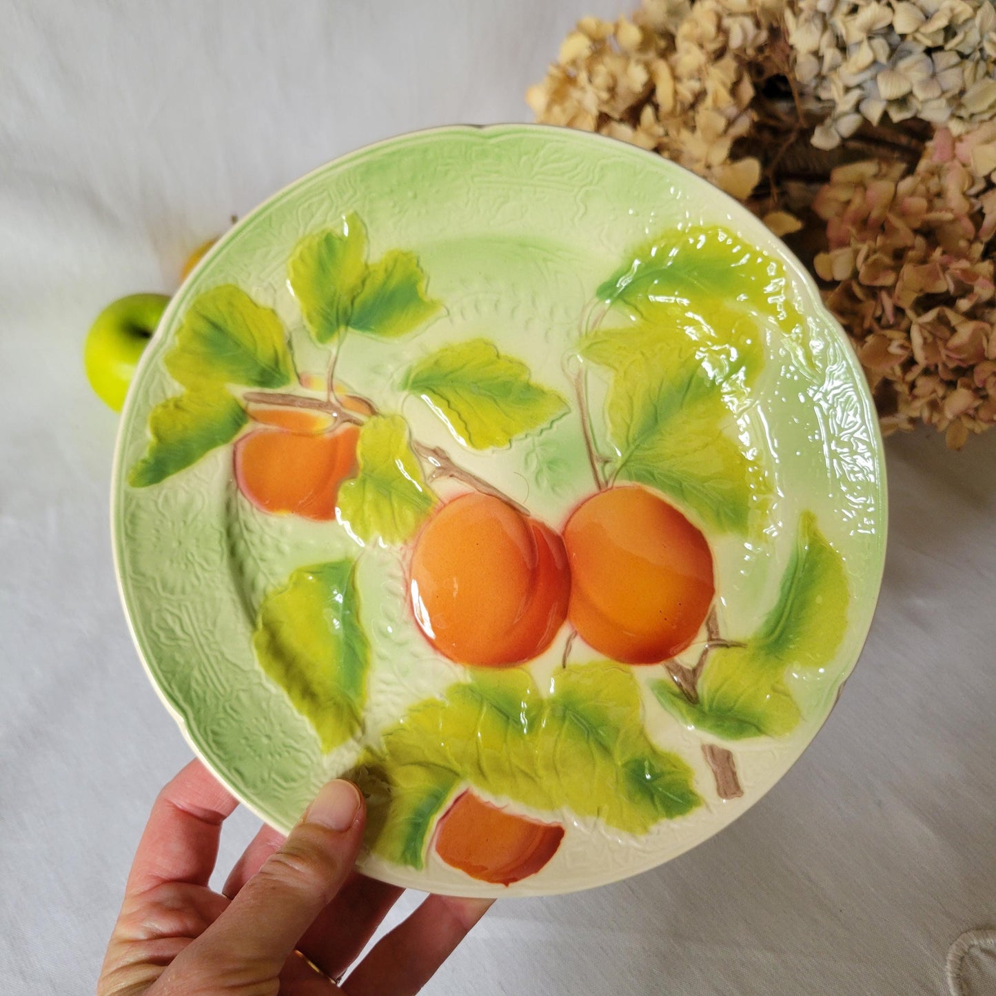 French vintage barbotine majolica plate, Art Nouveau peaches and passion flower mid century design from Saint Clement France