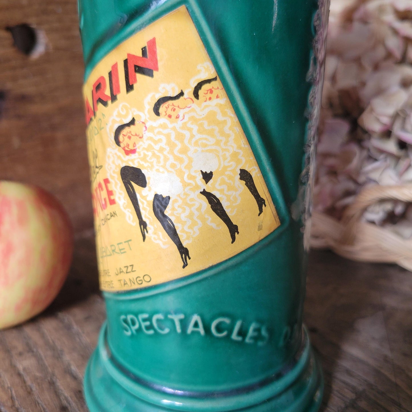 French vintage 'Morris Column' ceramic green bottle, w intact stopper & posters of Moulin Rouge, excellent cond. Franor Royale, France c1950