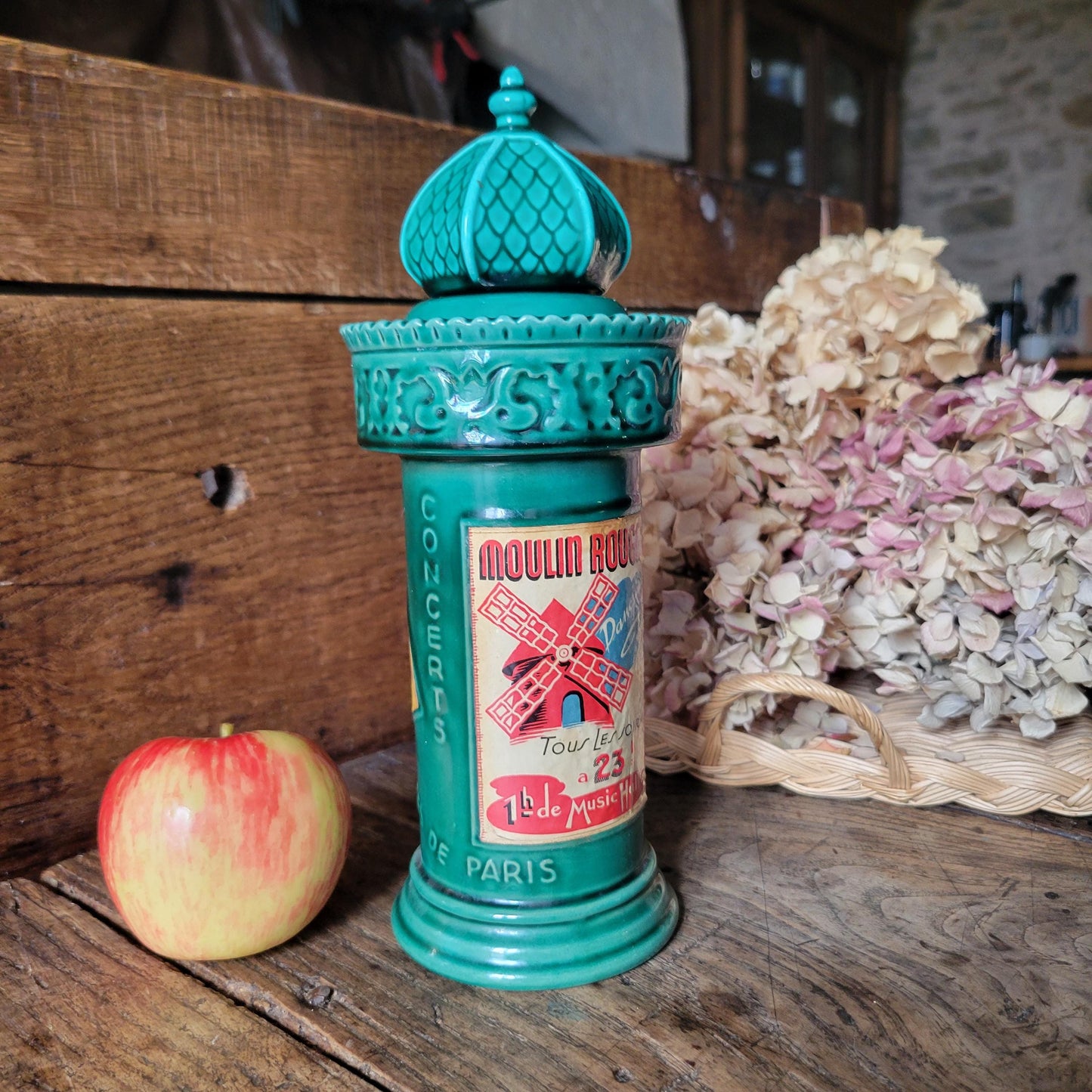 French vintage 'Morris Column' ceramic green bottle, w intact stopper & posters of Moulin Rouge, excellent cond. Franor Royale, France c1950