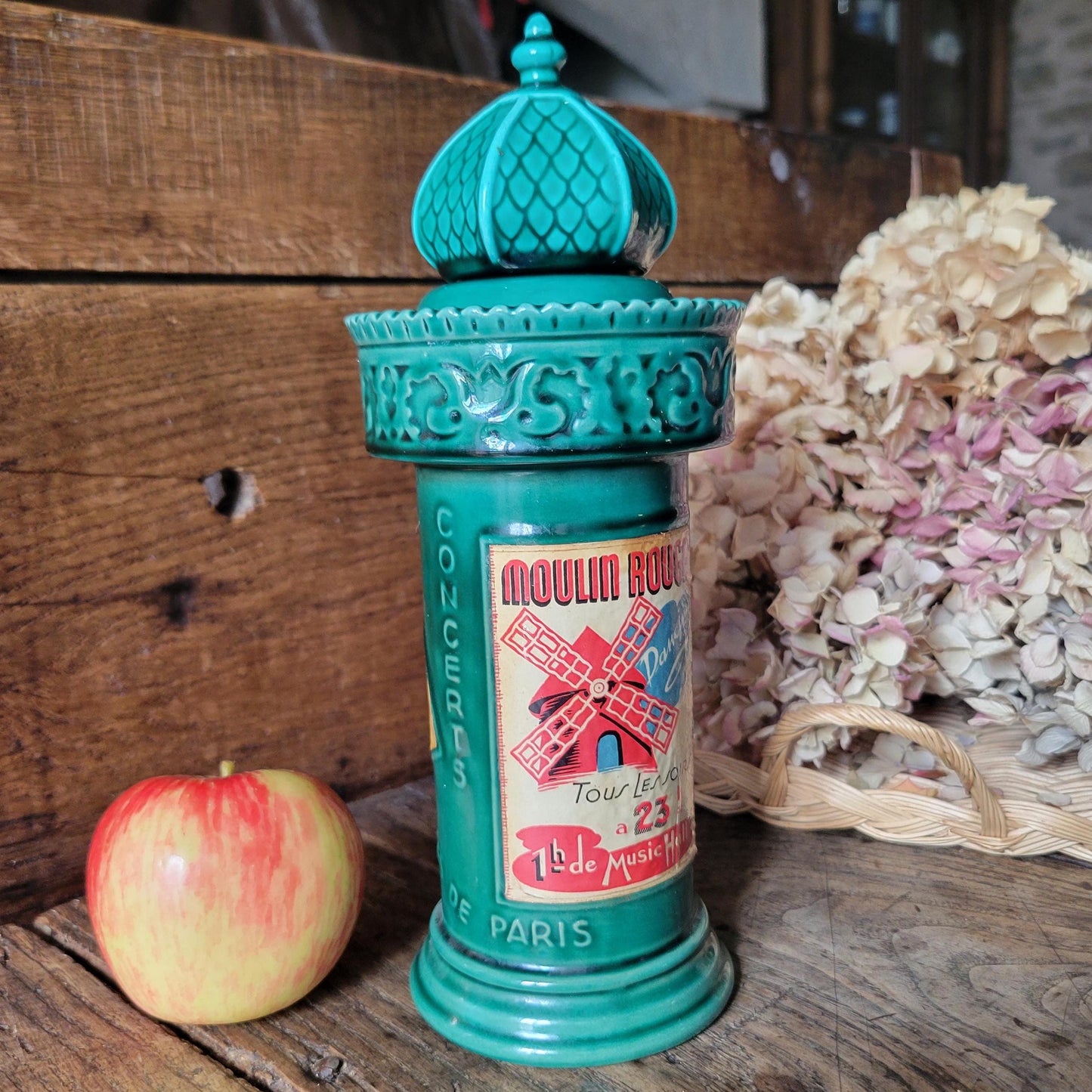 French vintage 'Morris Column' ceramic green bottle, w intact stopper & posters of Moulin Rouge, excellent cond. Franor Royale, France c1950