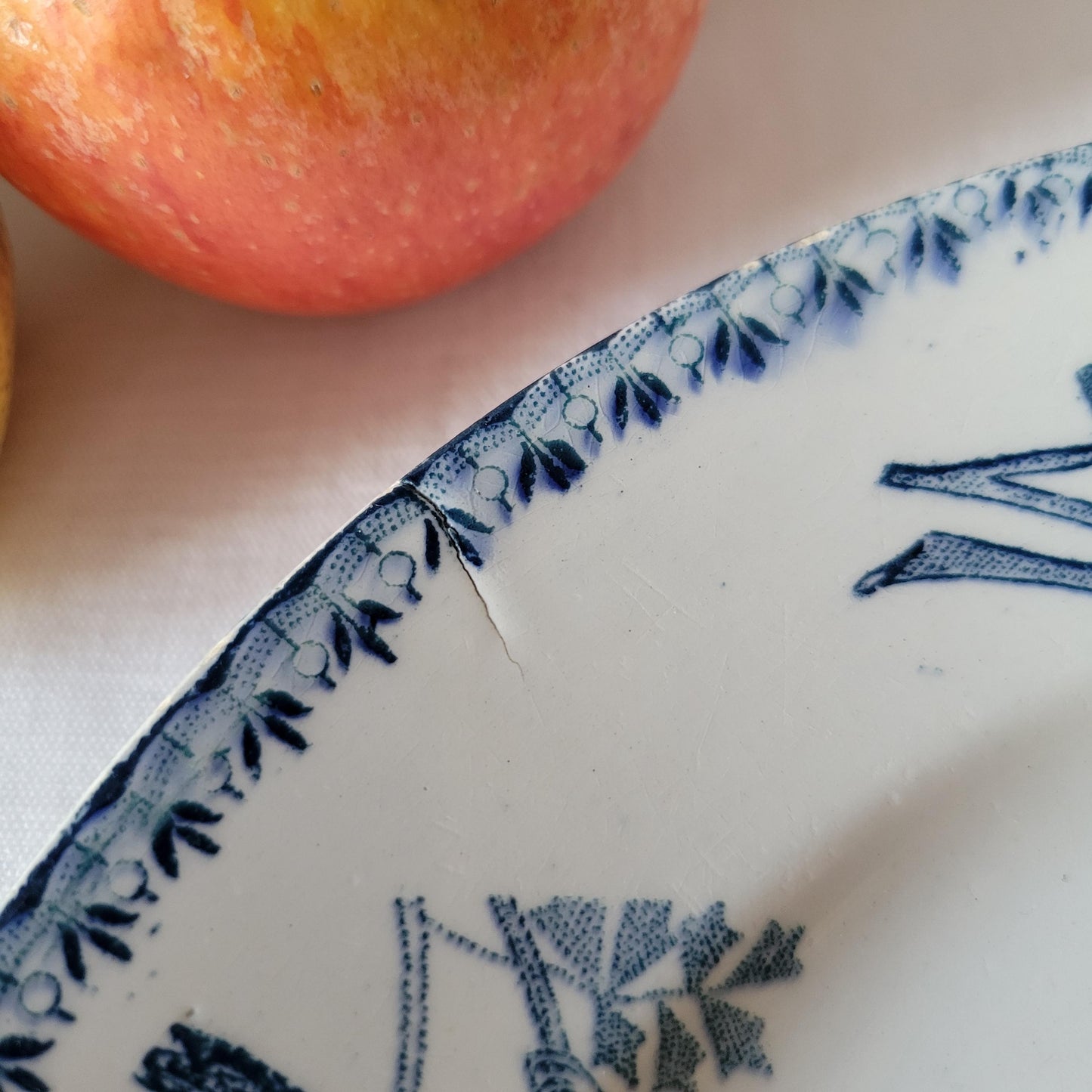 Shabby French antique plate petrol blue transfer printed with birds Longwy 'Mesange' c1890-1910 Aesthetic Movement, Arts and Crafts