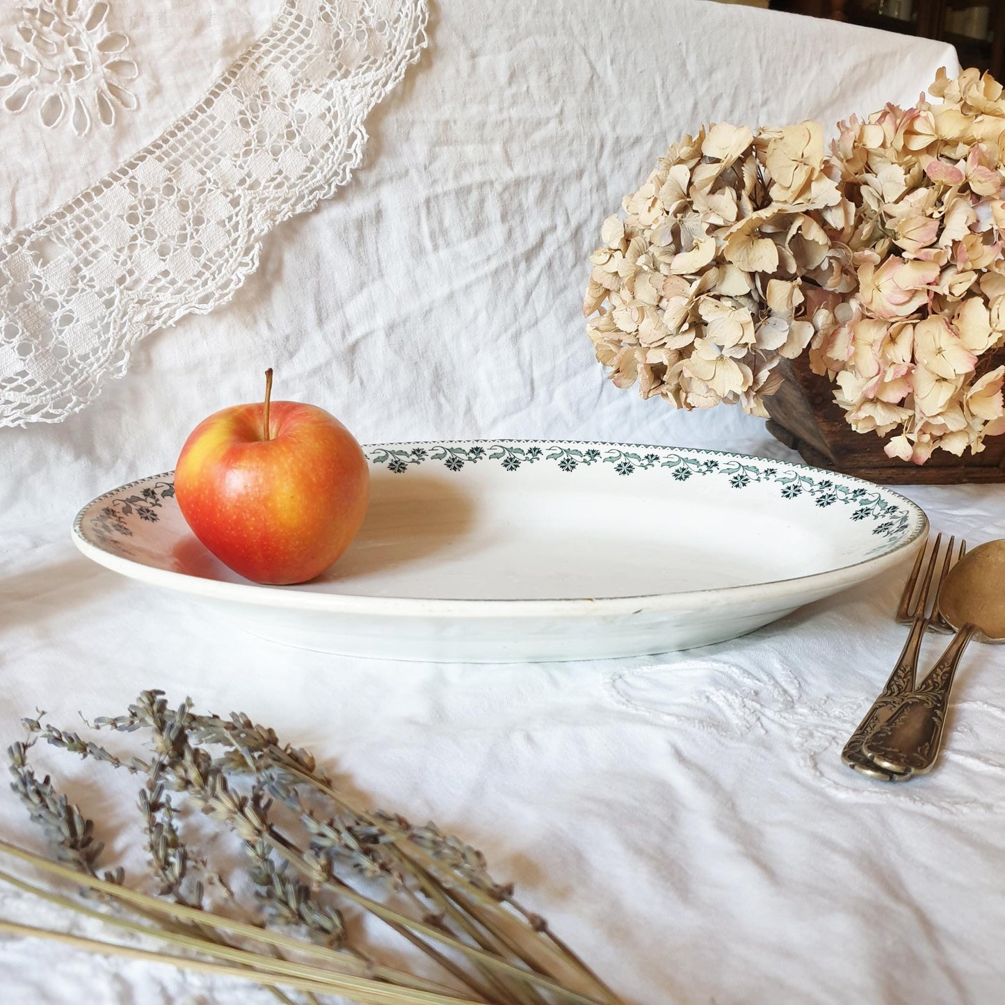 Green/white transferware French antique oval platter from Moulin Des Loups, France c 1890 florals Victorian ironstone platter