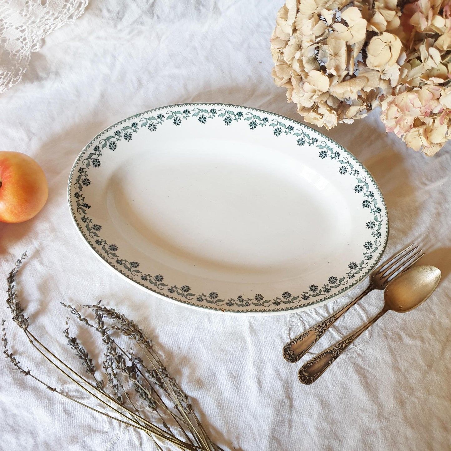 Green/white transferware French antique oval platter from Moulin Des Loups, France c 1890 florals Victorian ironstone platter