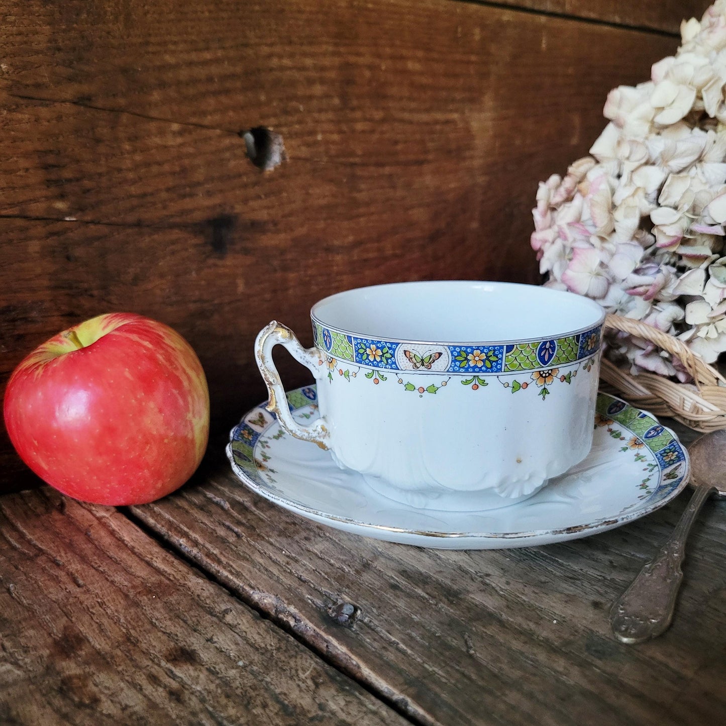 Butterfly pattern large cup + saucer, molded Limoges porcelain w gilt, French Art Nouveau in blue, green white by U&C, France - ideal gift!