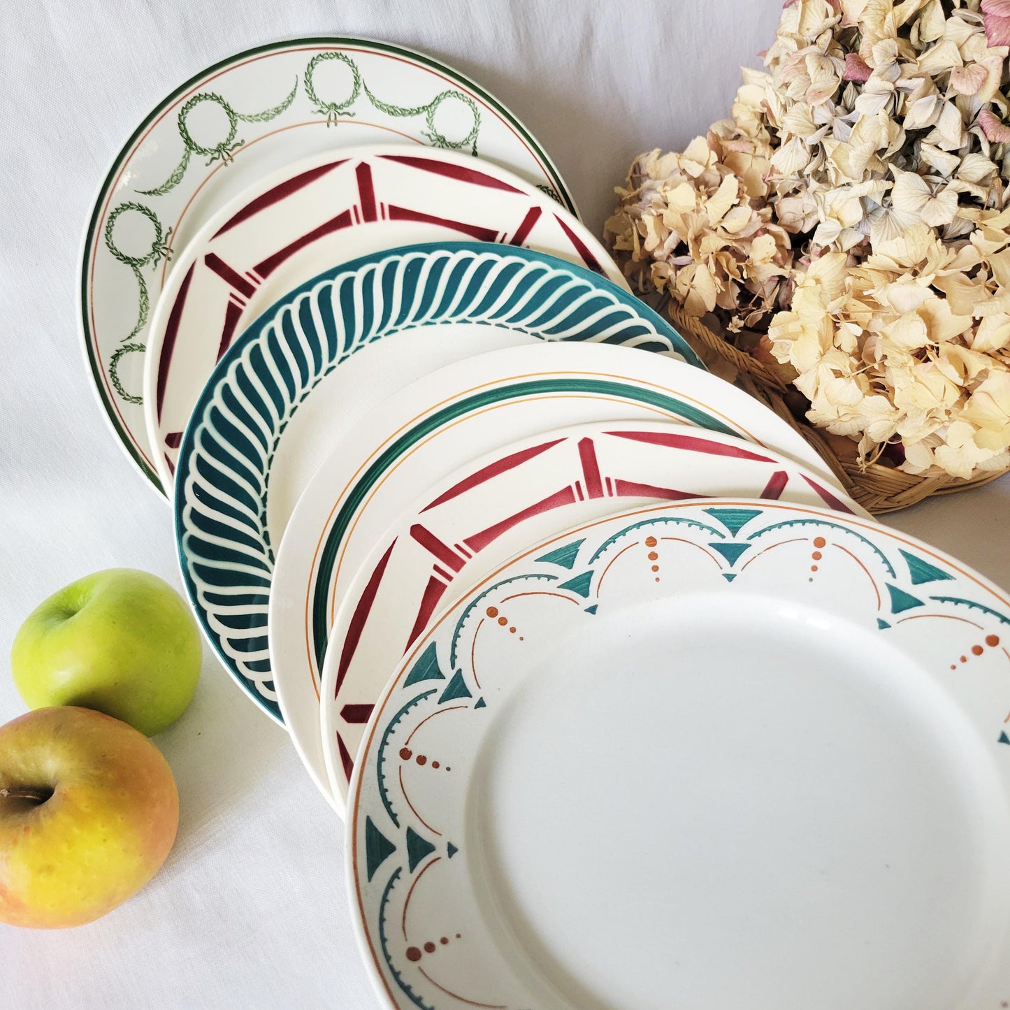 SET of 6 mismatched red/green transferware ironstone small dinner plates, French vintage, Badonviller, Sarreguemines, St Amand