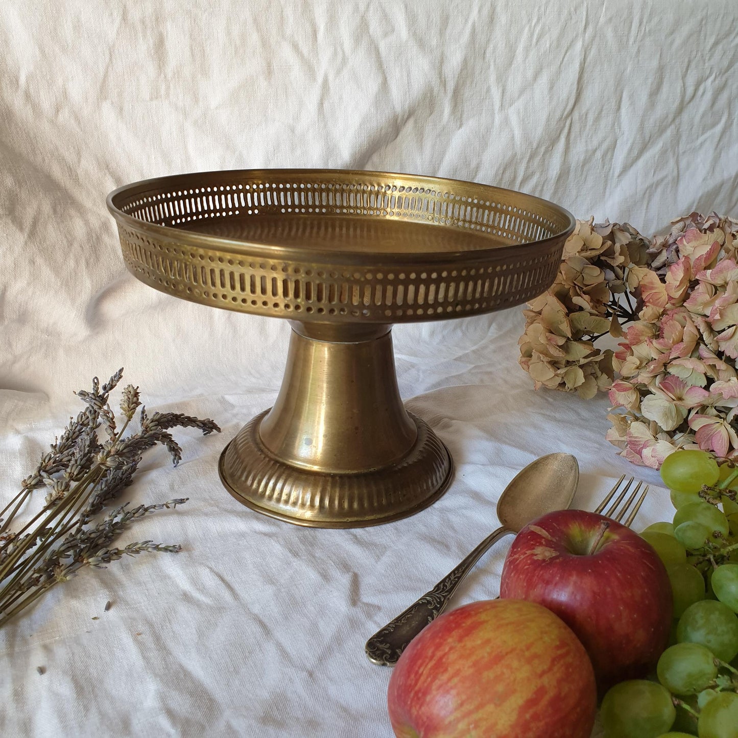 Large French antique brass fruit stand, candy dish, potpourri bowl, striking formal style with cut out frieze, France c1900-1920