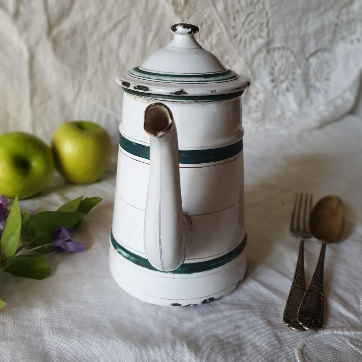 French green and white enamel vintage coffee pot, forest green strip border, c1930 farmhouse vintage, French country, cottage kitchen