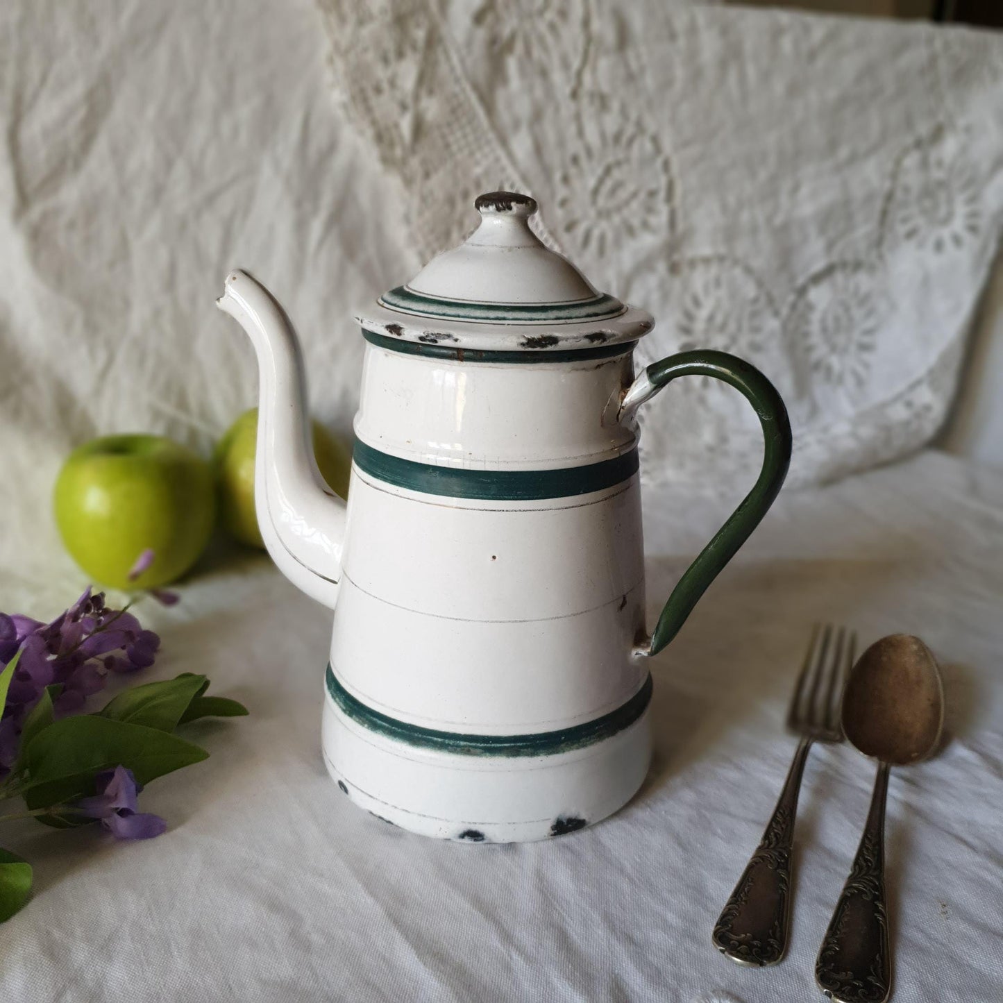 French green and white enamel vintage coffee pot, forest green strip border, c1930 farmhouse vintage, French country, cottage kitchen