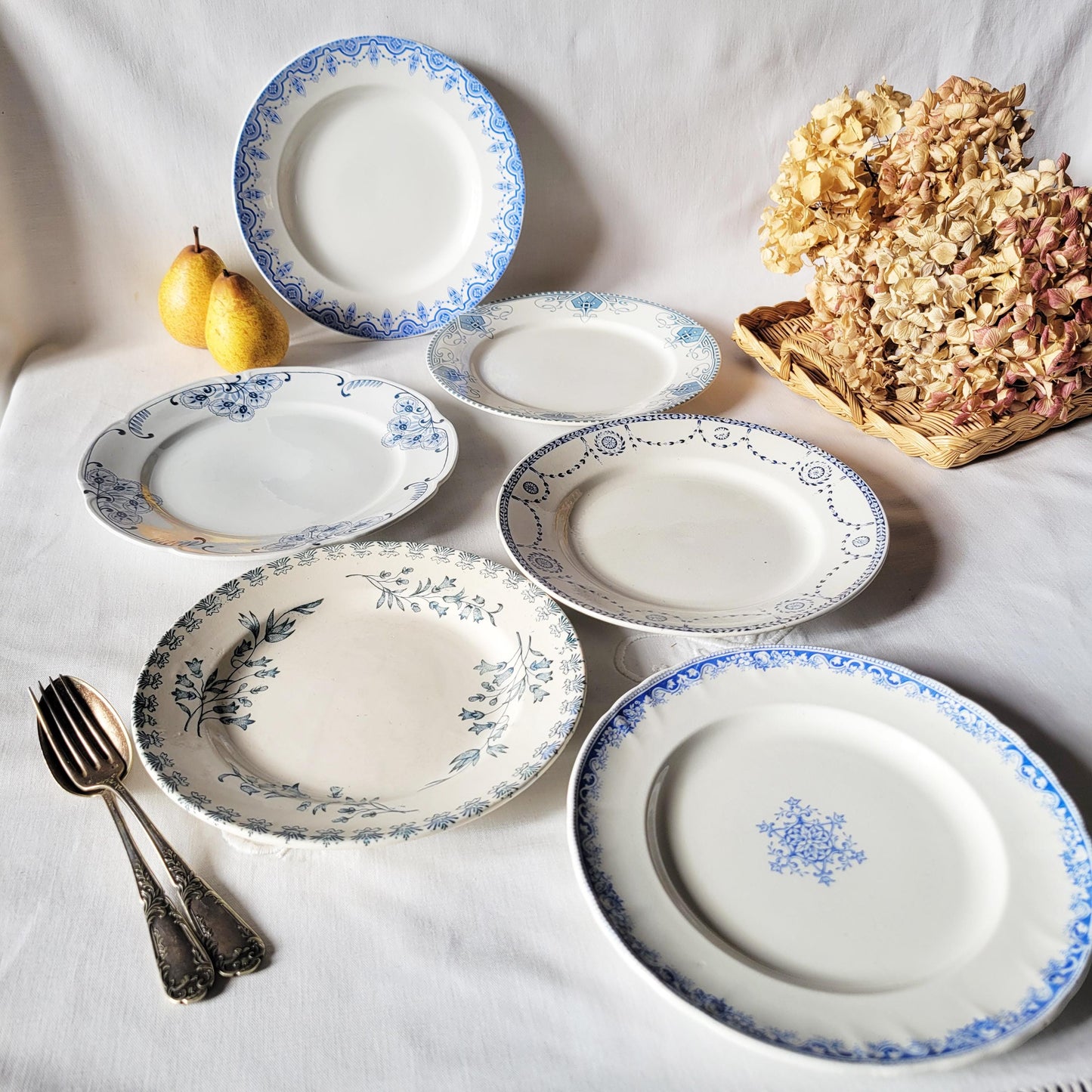 SET 6 mismatched French antique ironstone dinner plates, blue & white transferware cottage style, Sarreguemines, Boch, Vieillard, France