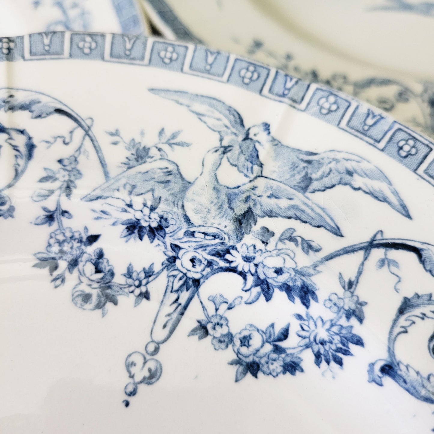 French antique 12 place ironstone dinner service, neoclassical birds flowers blue & white transferware, 'Marie Antoinette' c1890 Gien France