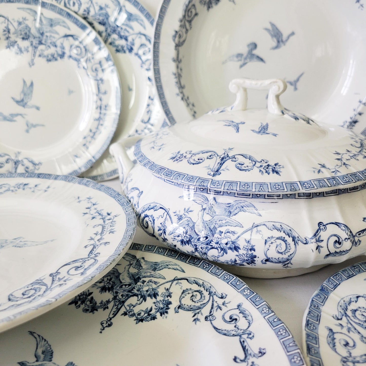 French antique 12 place ironstone dinner service, neoclassical birds flowers blue & white transferware, 'Marie Antoinette' c1890 Gien France