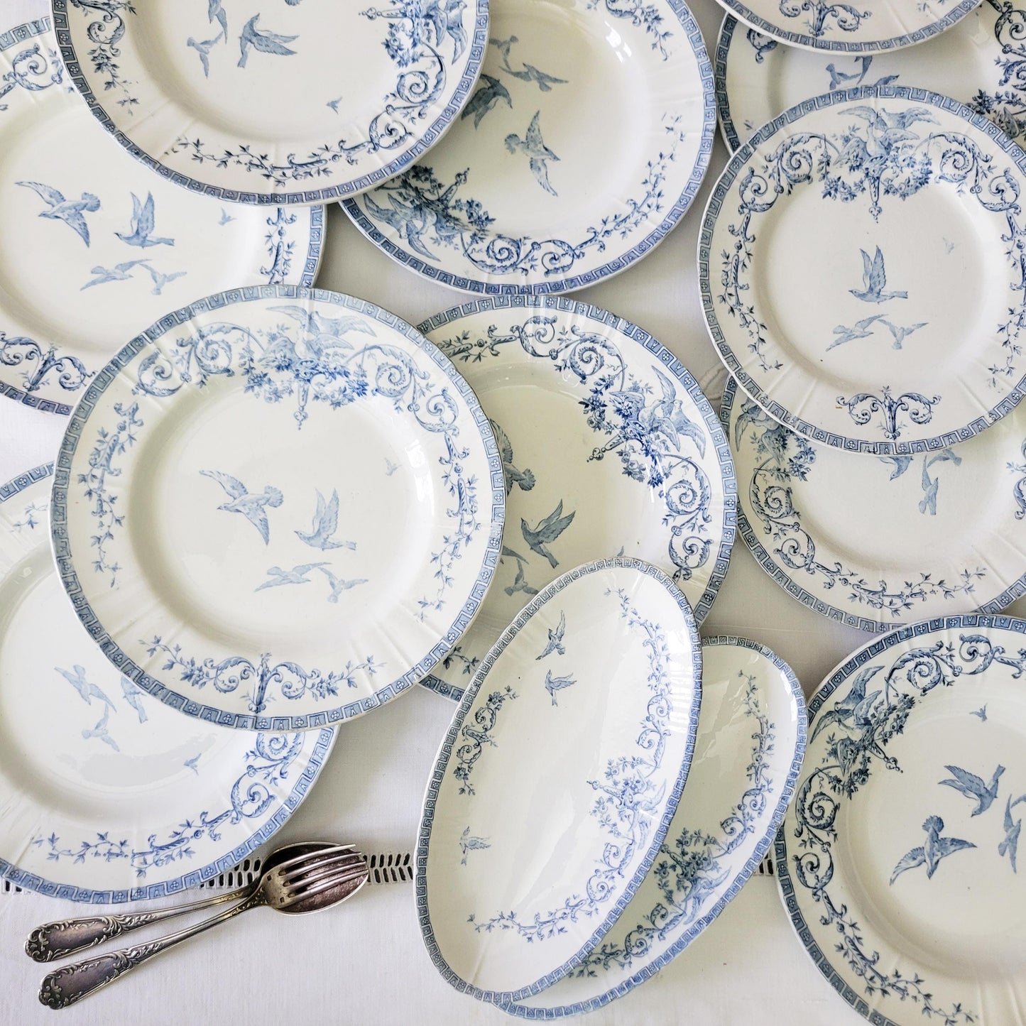 French antique 12 place ironstone dinner service, neoclassical birds flowers blue & white transferware, 'Marie Antoinette' c1890 Gien France