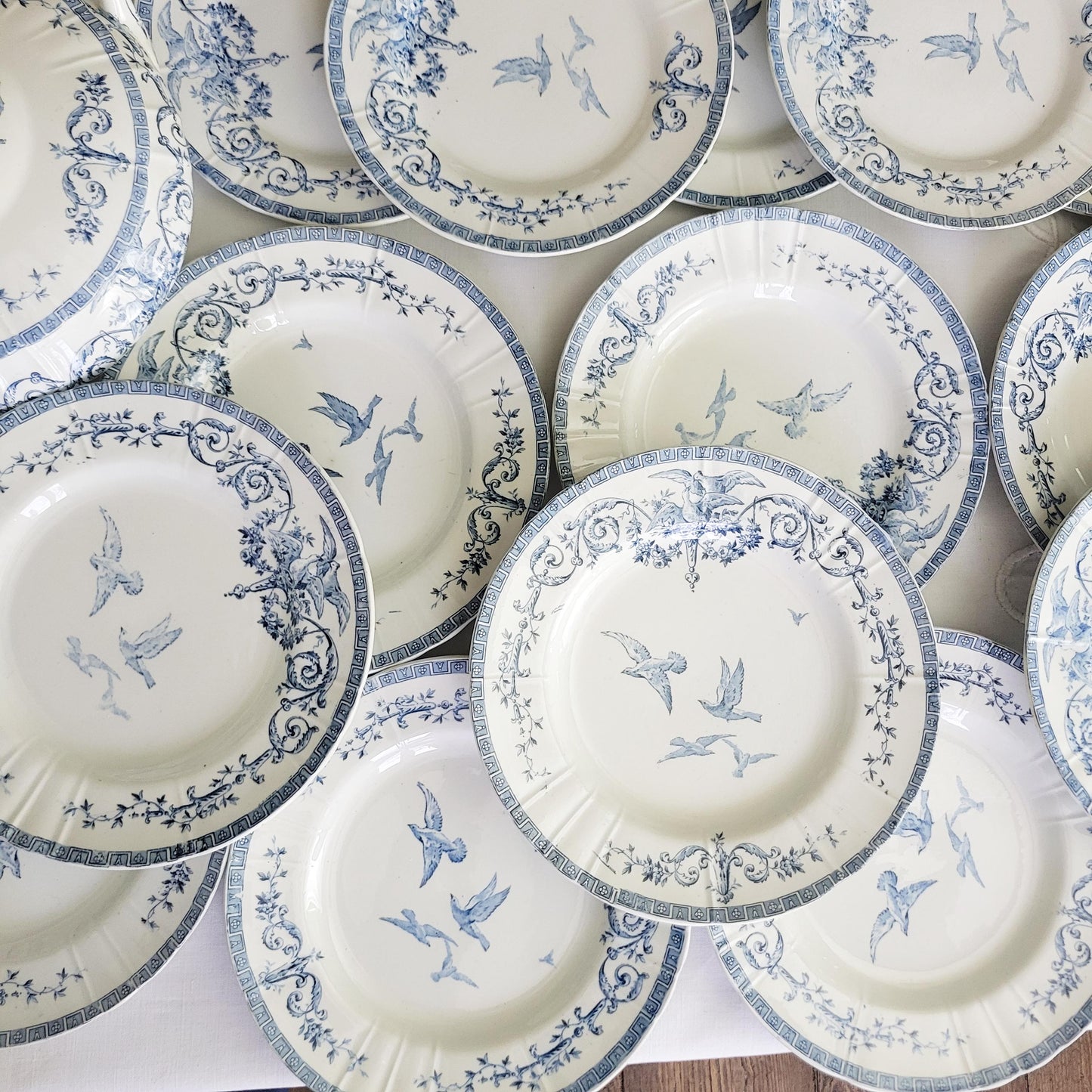 French antique 12 place ironstone dinner service, neoclassical birds flowers blue & white transferware, 'Marie Antoinette' c1890 Gien France