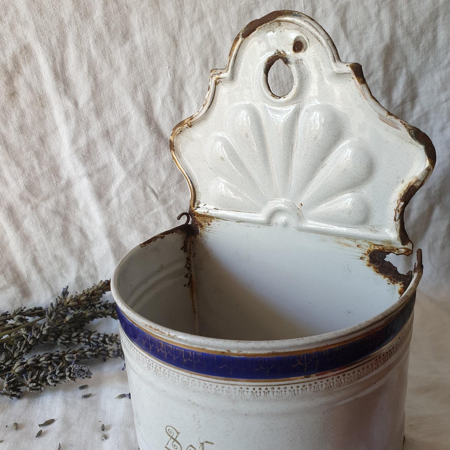 Antique French / Austrian enamel salt box, navy blue & white 'Sel' ornate script c1920 shabby farmhouse vintage, country cottage kitchen