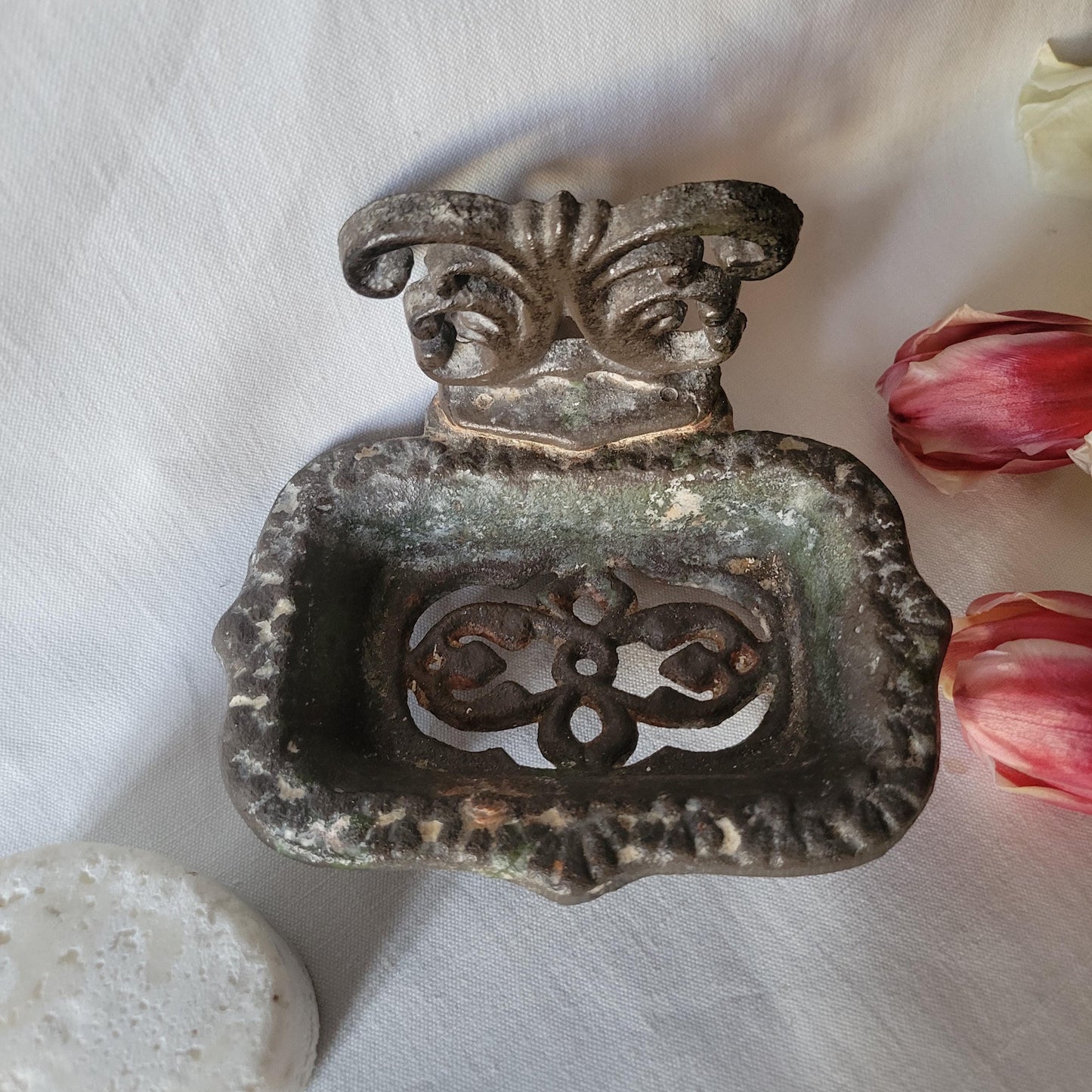 French Antique metal soap dish, freestanding soap tray, cast iron with patina, ornate filigree design, heavy weight, draining dish