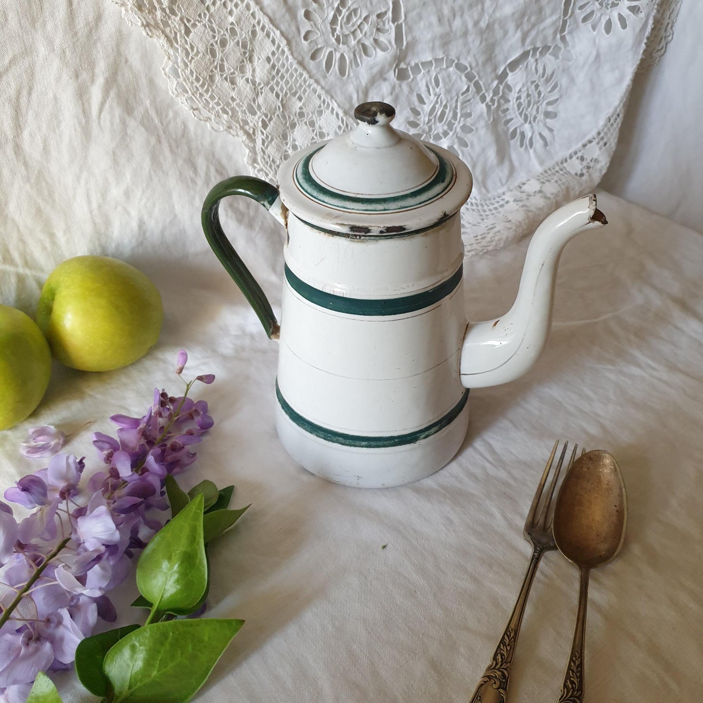 French green and white enamel vintage coffee pot, forest green strip border, c1930 farmhouse vintage, French country, cottage kitchen