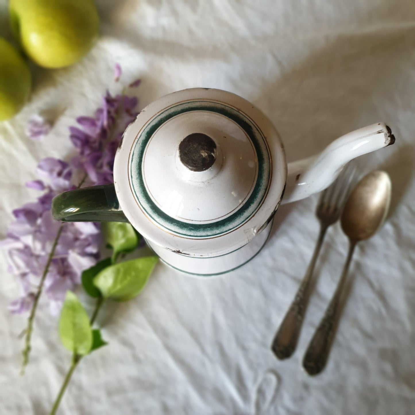 French green and white enamel vintage coffee pot, forest green strip border, c1930 farmhouse vintage, French country, cottage kitchen