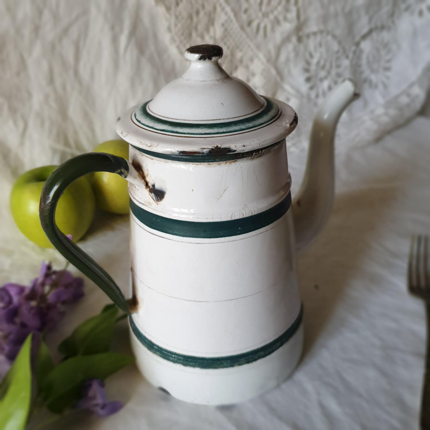 French green and white enamel vintage coffee pot, forest green strip border, c1930 farmhouse vintage, French country, cottage kitchen