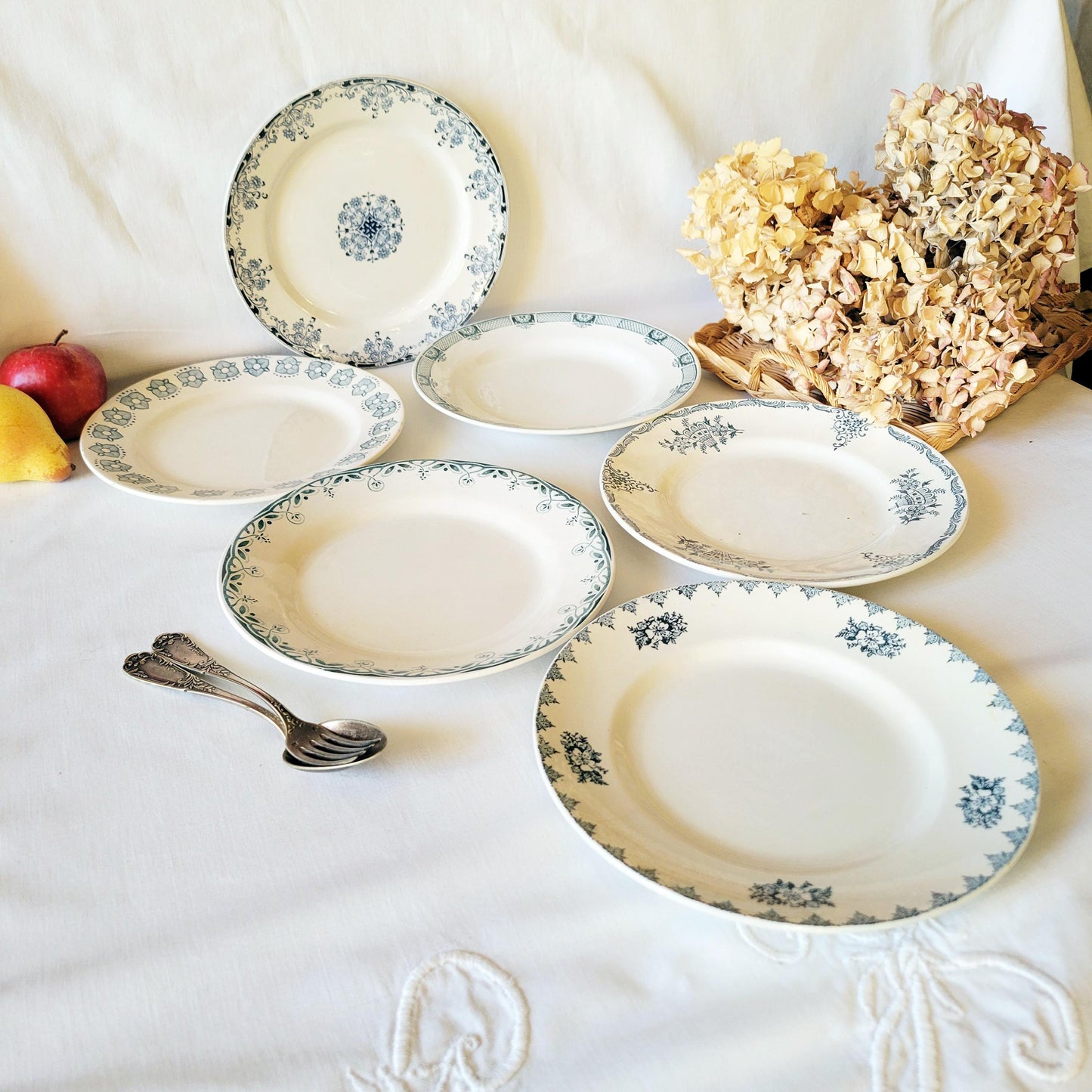 SET 6 mismatched antique French dinner plates, ironstone blue green floral transferware cottage style Creil, Sarreguemines, St Amand, c1900