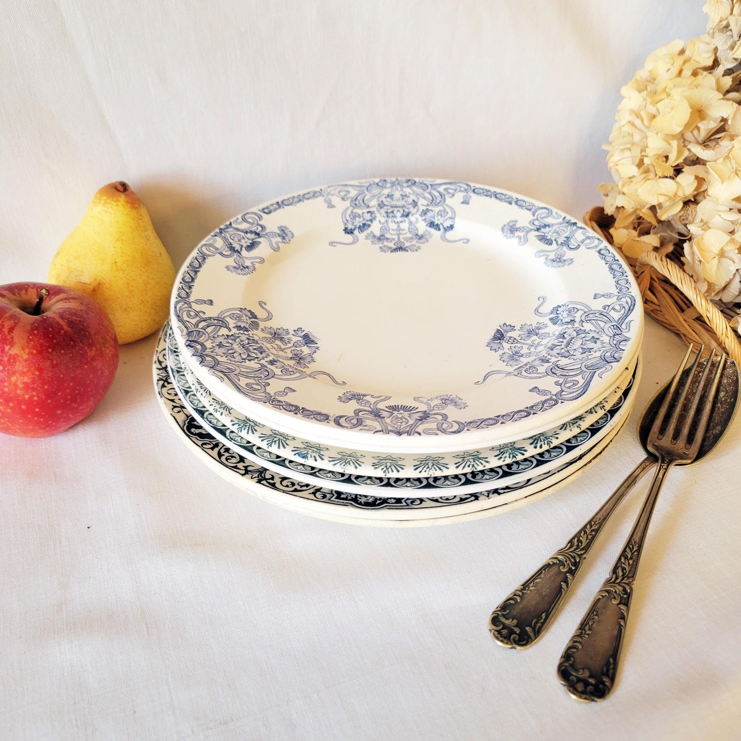 SET 6 mismatched vintage dinner plates, French antique ironstone in blue & white transferware, St Amand, Emile Bourgiose, Grigny c1890-1910