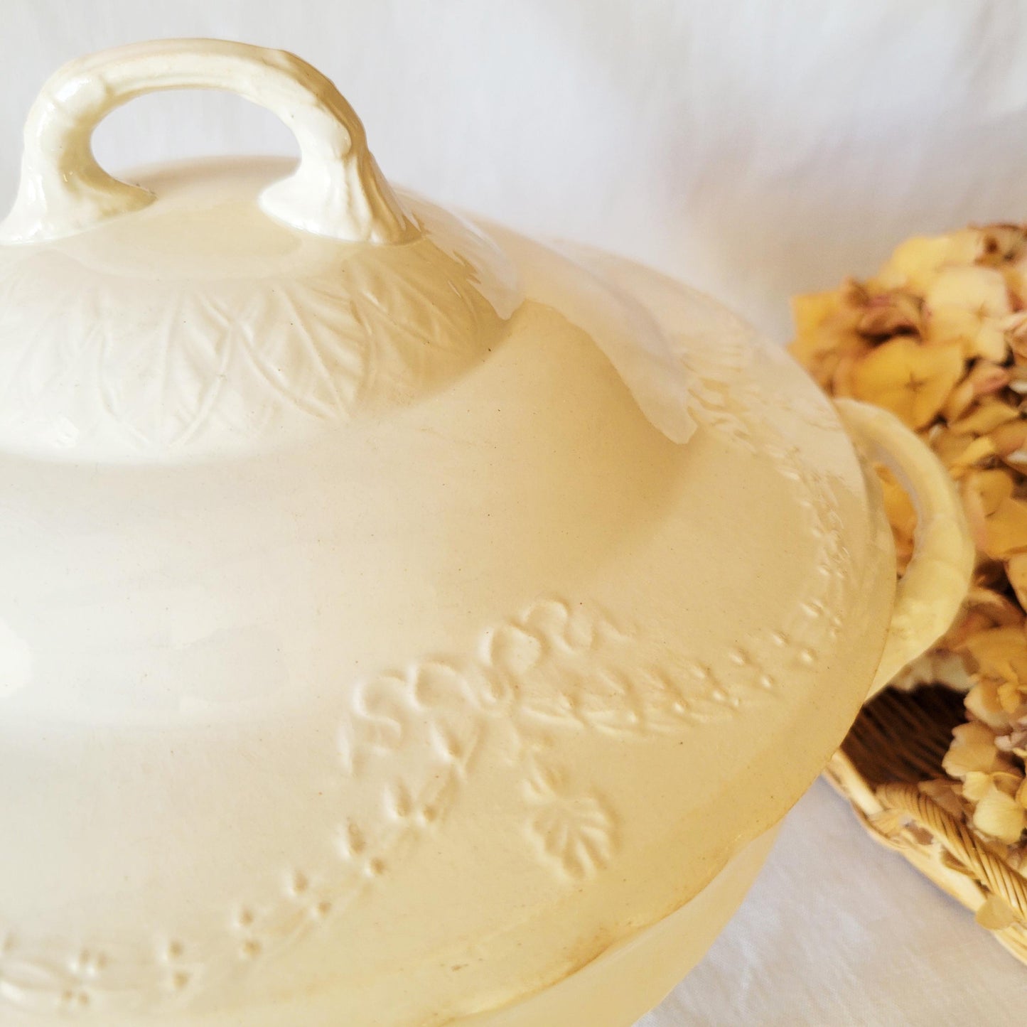 Antique ironstone soup tureen, relief molded ribbon + garlands, monochrome ivory white, French Neoclassical style, Badonviller, France c1923