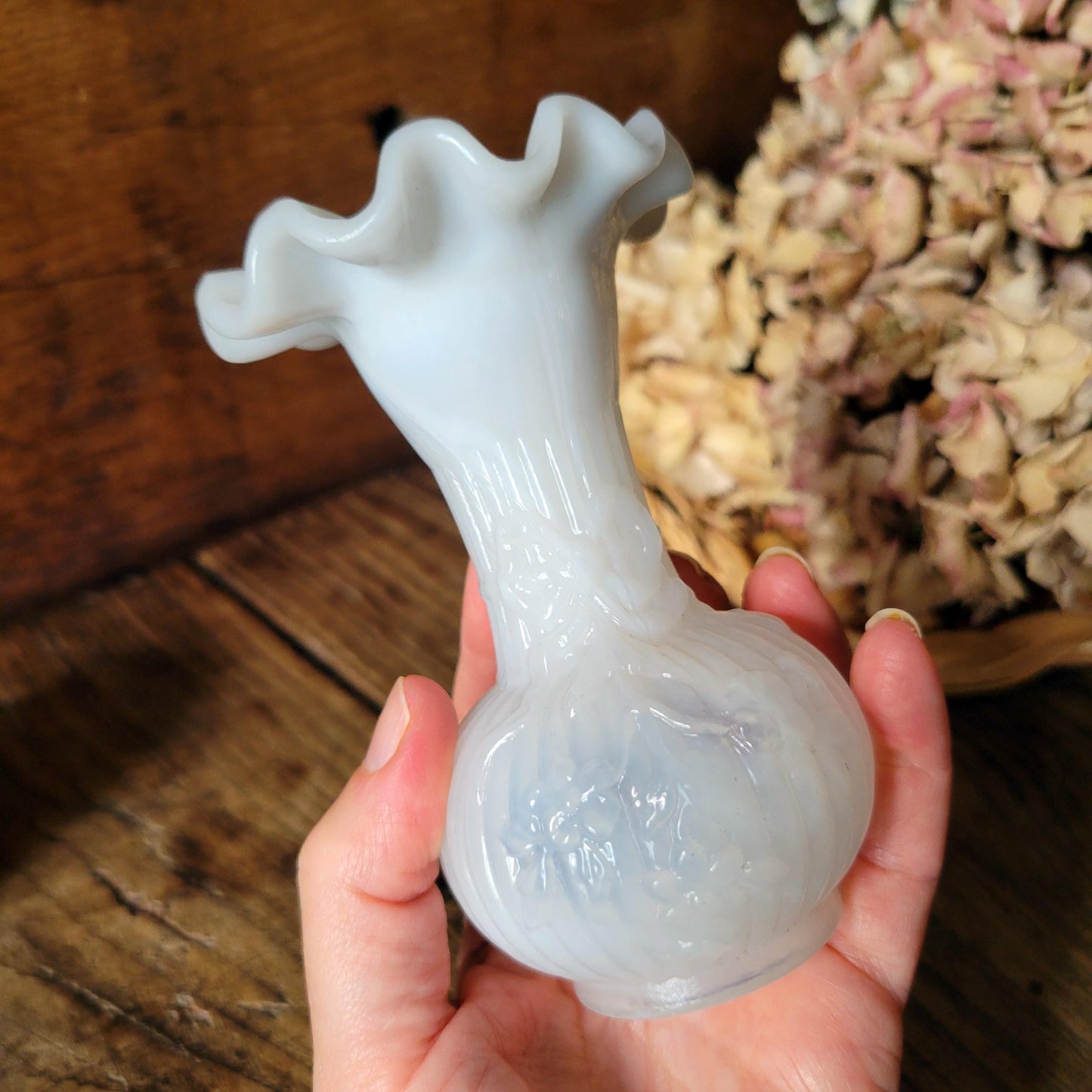 French white opaline milk glass antique soliflore small vase, vintage ruffled rim with ribbon design, hand blown vase, c1891-1920 France