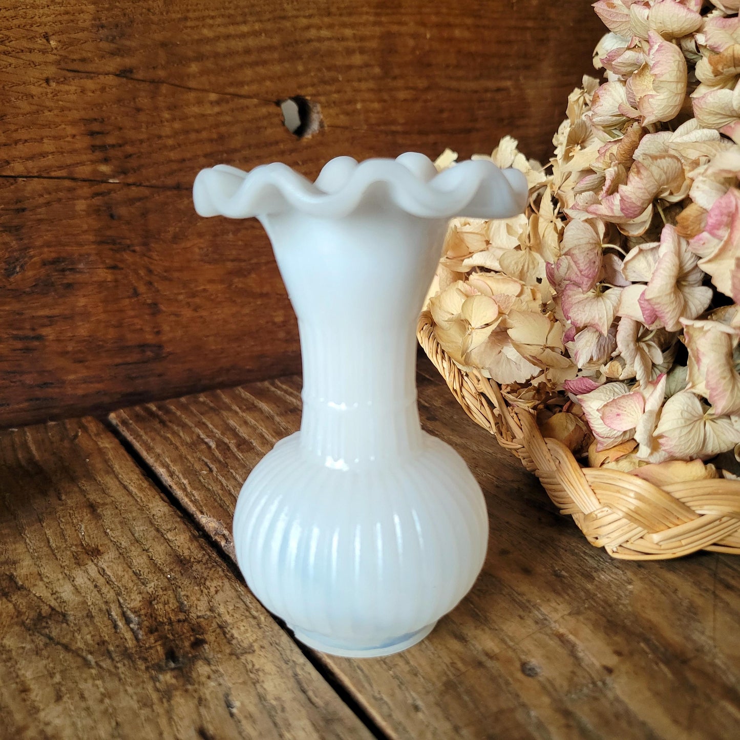 French white opaline milk glass antique soliflore small vase, vintage ruffled rim with ribbon design, hand blown vase, c1891-1920 France