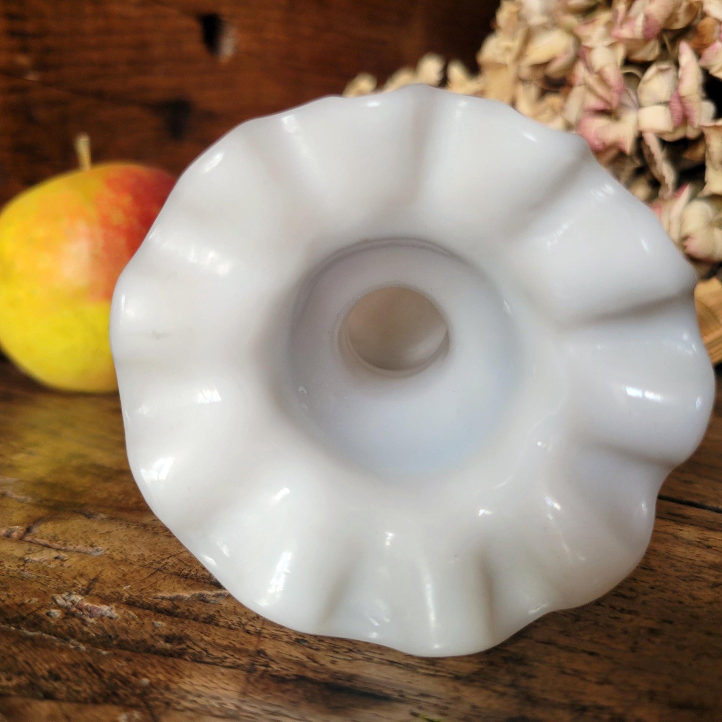 French white opaline milk glass antique soliflore small vase, vintage ruffled rim with ribbon design, hand blown vase, c1891-1920 France