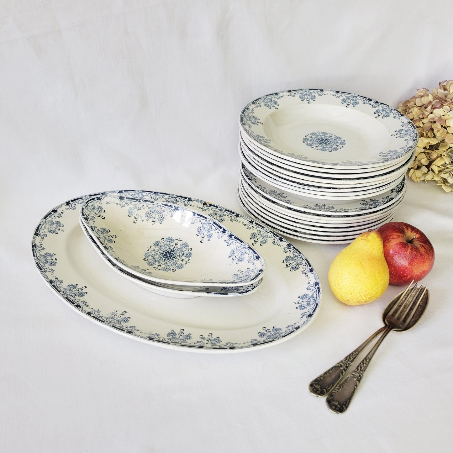 French antique 8 place dinner service, small set 19 pcs, floral Empire style blue white transferware, 'Mignon' Sarreguemines, France c1900