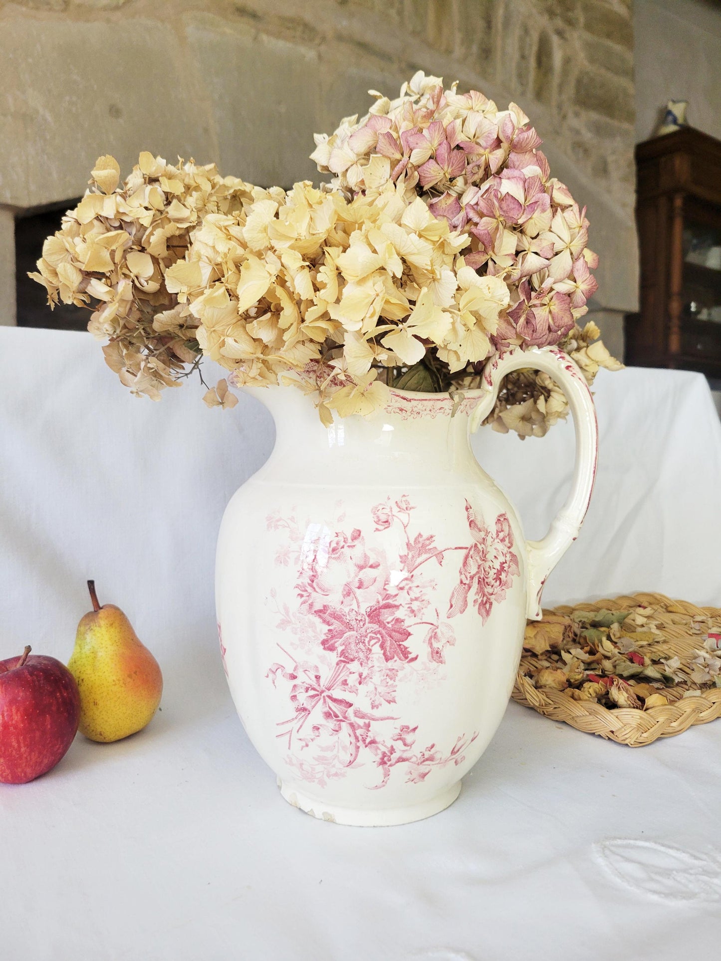 DNF Time-worn Antique French Sarreguemines Pitcher: Red Transferware Floral Vase