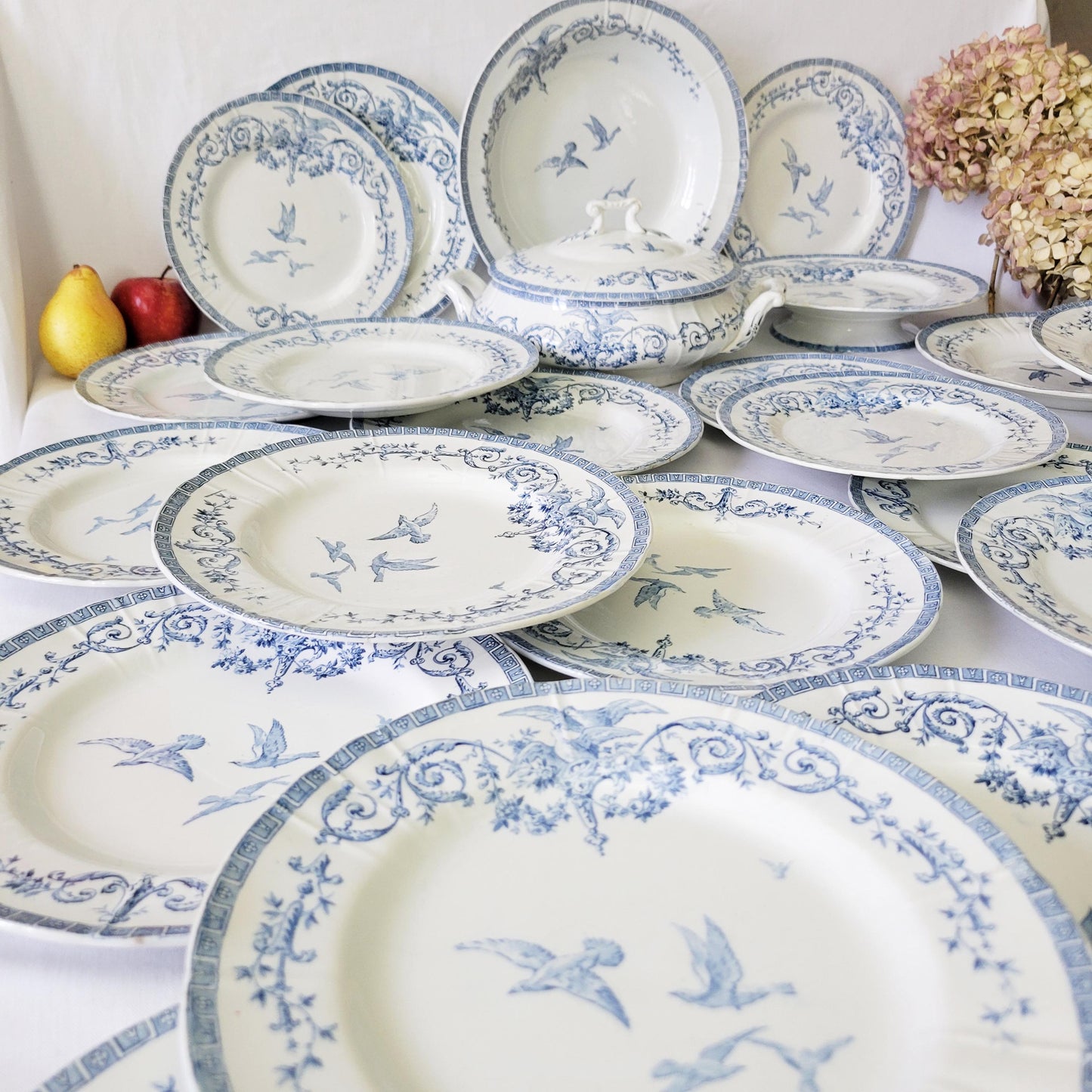 French antique 12 place ironstone dinner service, neoclassical birds flowers blue & white transferware, 'Marie Antoinette' c1890 Gien France