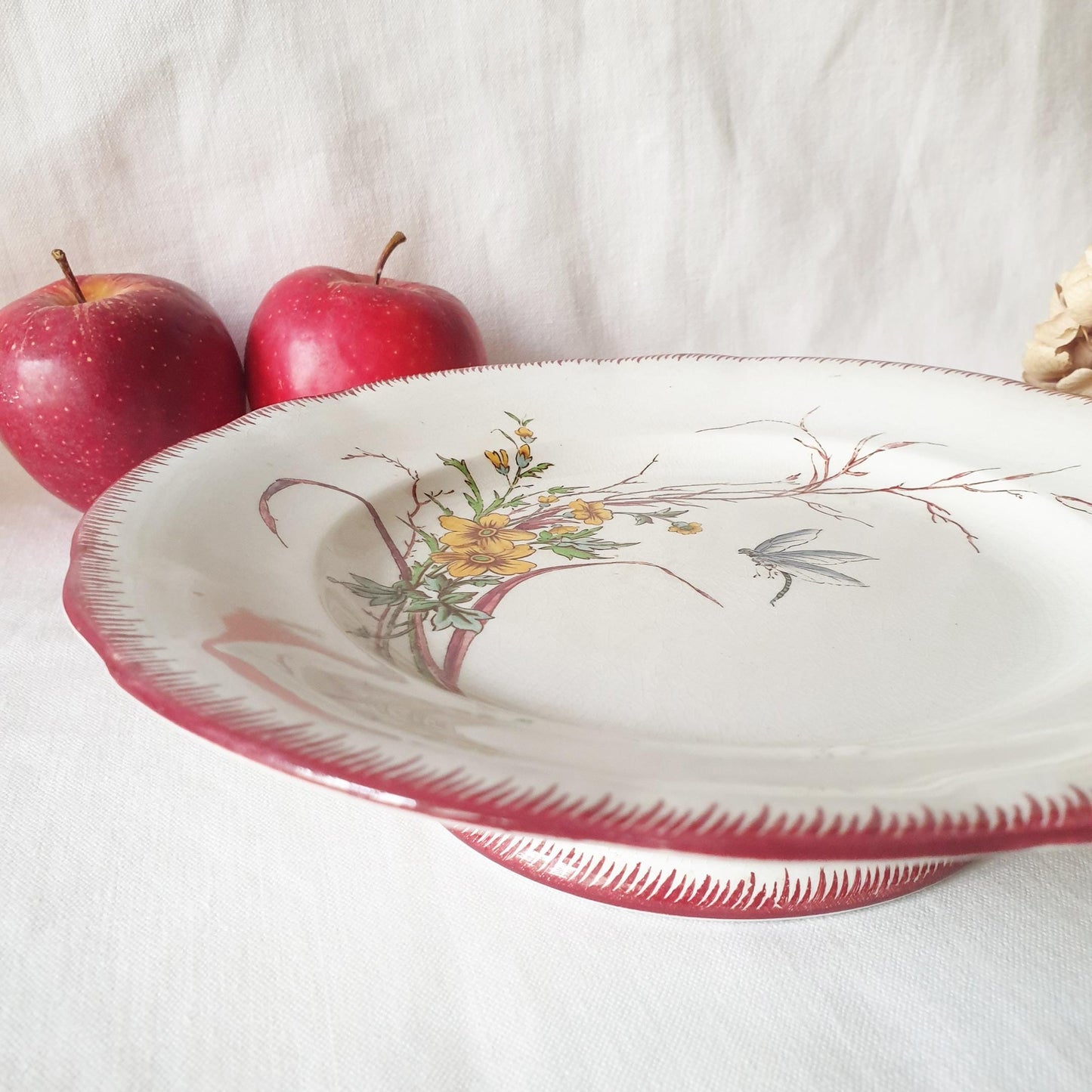 Antique cake stand w flowers + butterflies, ironstone low compotier, U&C Sarreguemines 'Papillon' hand colored polychrome transferware c1875