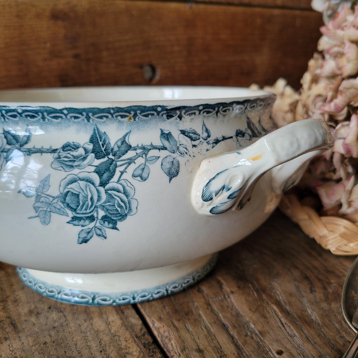 French antique floral ironstone soup tureen bowl, w rose flowers & thorn vines, teal transferware, HB Hautin Boulenger, Choisy-le-roi France