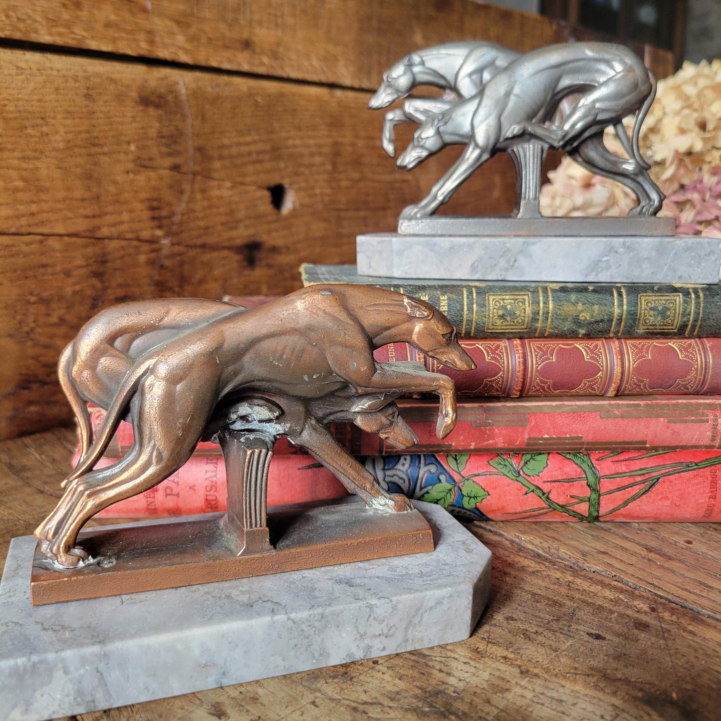 Pair greyhound vintage bookends, Set of 2 French Art Deco bronze racing dog sculptures on grey marble base c 1930, France
