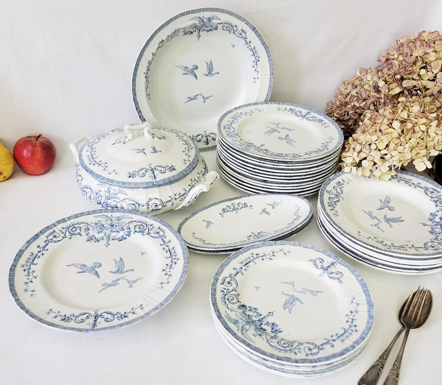 French antique 12 place ironstone dinner service, neoclassical birds flowers blue & white transferware, 'Marie Antoinette' c1890 Gien France