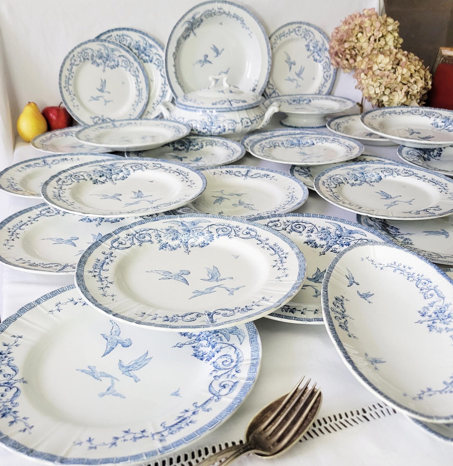 French antique 12 place ironstone dinner service, neoclassical birds flowers blue & white transferware, 'Marie Antoinette' c1890 Gien France