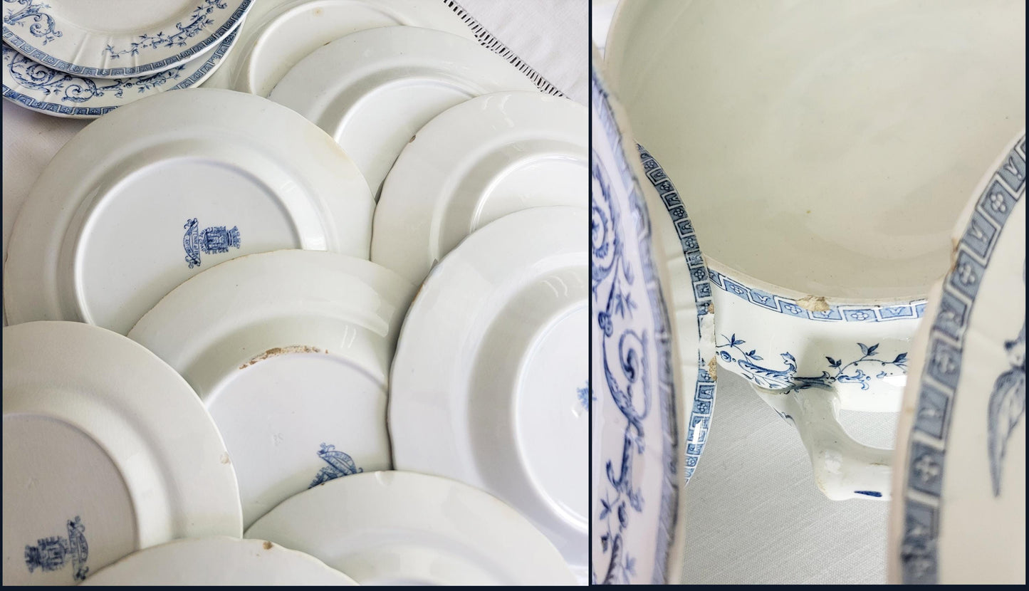 French antique 12 place ironstone dinner service, neoclassical birds flowers blue & white transferware, 'Marie Antoinette' c1890 Gien France
