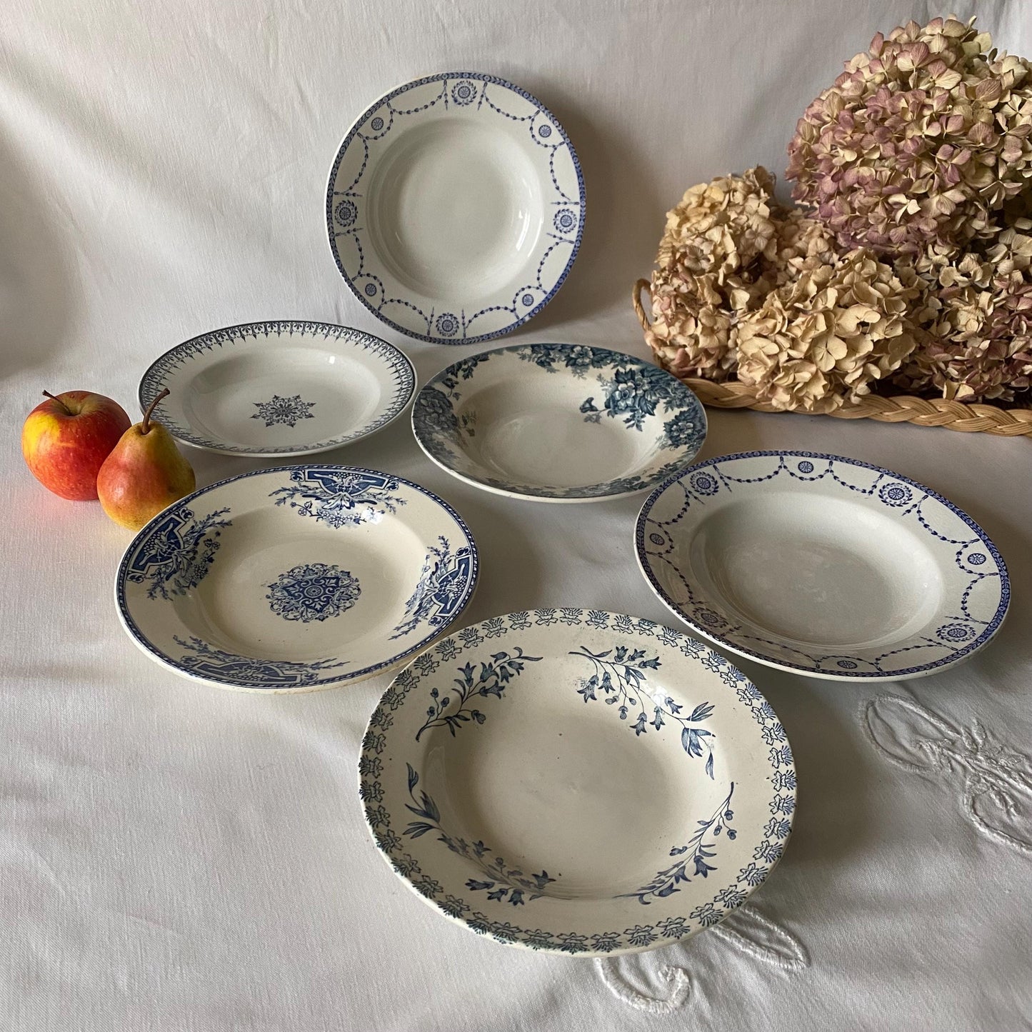 SET 6 mismatched French antique ironstone soup plates, blue and white transferware cottage style St Amand, Luneville, Grigny c1890-1910