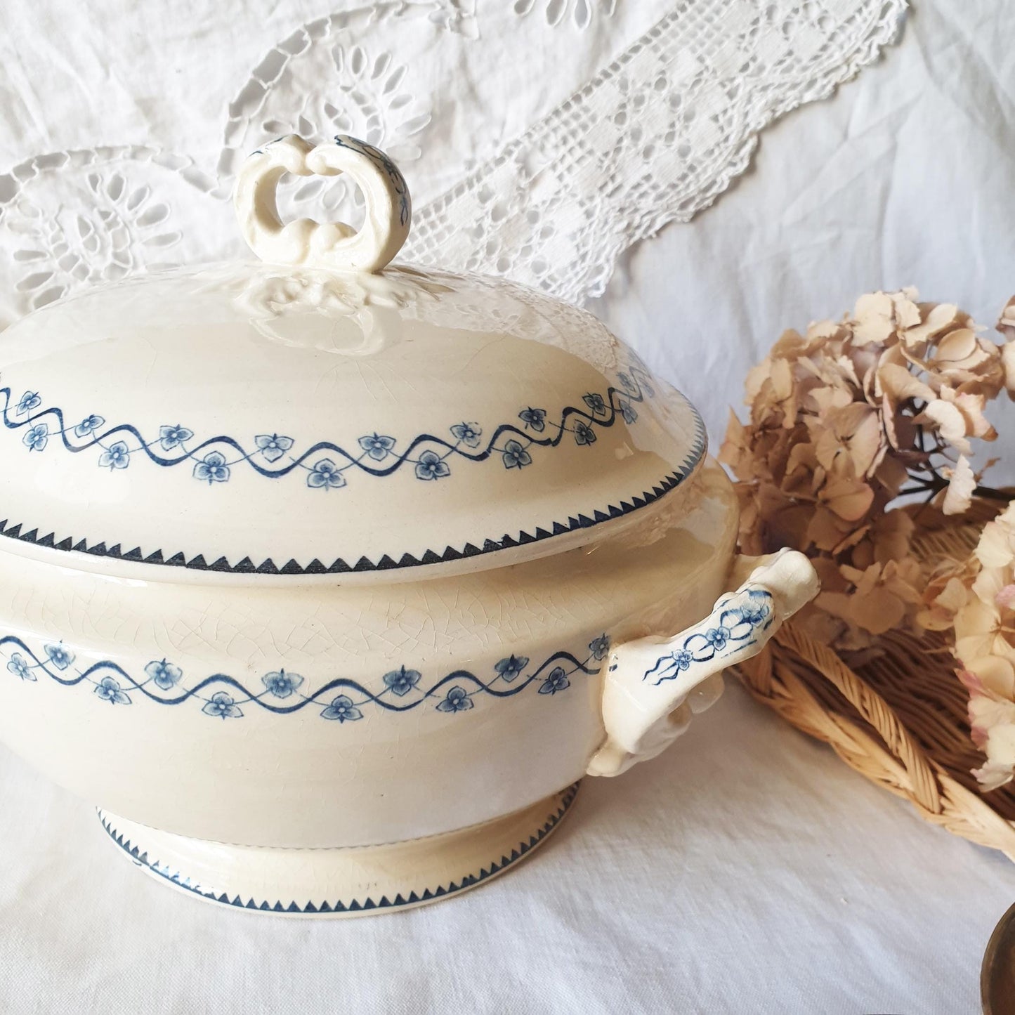 Antique floral ironstone soup tureen, French Art Nouveau vining flowers, blue transferware 'Ephemere' pattern soupiere by Gien, France c1910