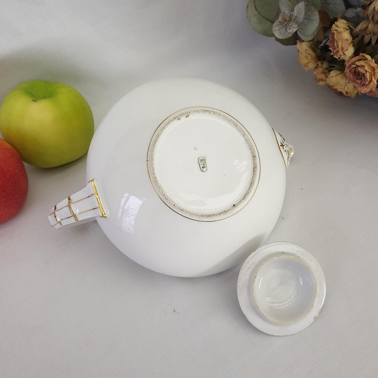 Antique 19thC Sevres France porcelain teapot c1874, 2nd qual, French white & gold porcelain, L S Monogram gold, blue w golden marquis crown